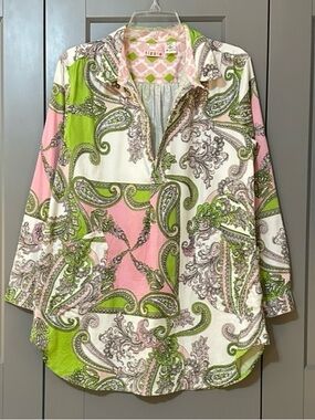 TIZZIE Paisley Print Collared Henley Tunic Top Pink/Green Cotton Oversized Small